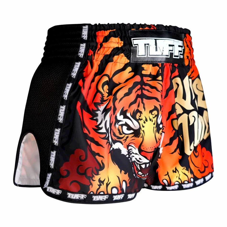 Tiger-themed Muay Thai shorts with a prominent tiger design on a white background