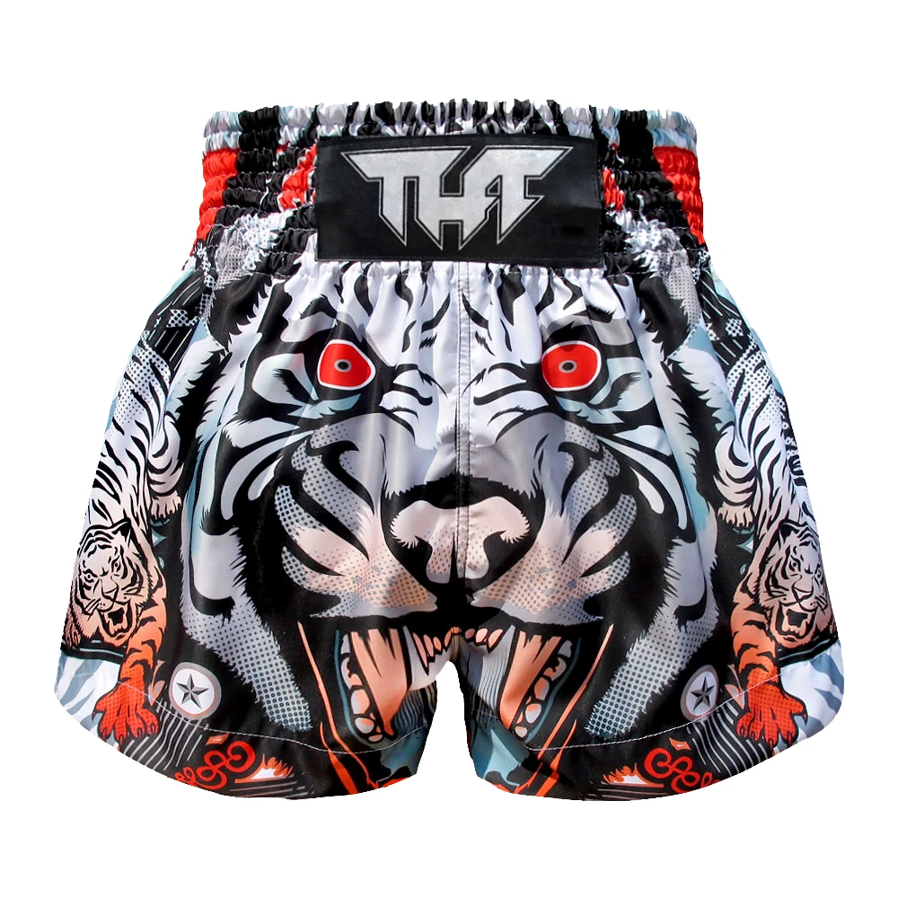 Tiger-themed Muay Thai shorts with a prominent tiger design on a white background