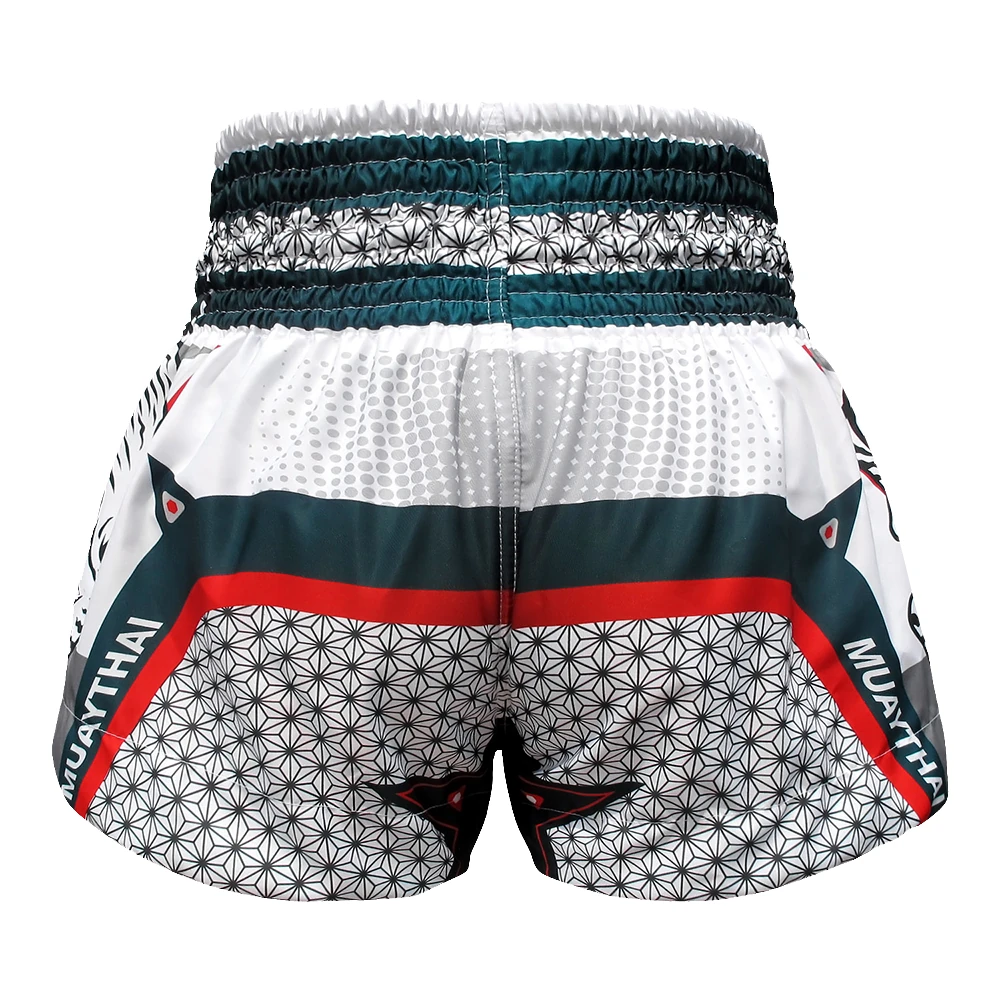 White Muay Thai shorts with black and red patterns on a white background