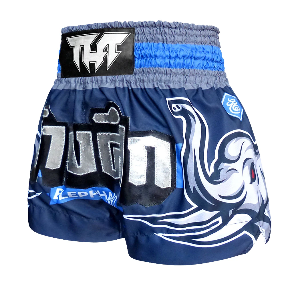 Blue and gray Muay Thai shorts with a prominent logo on a white background