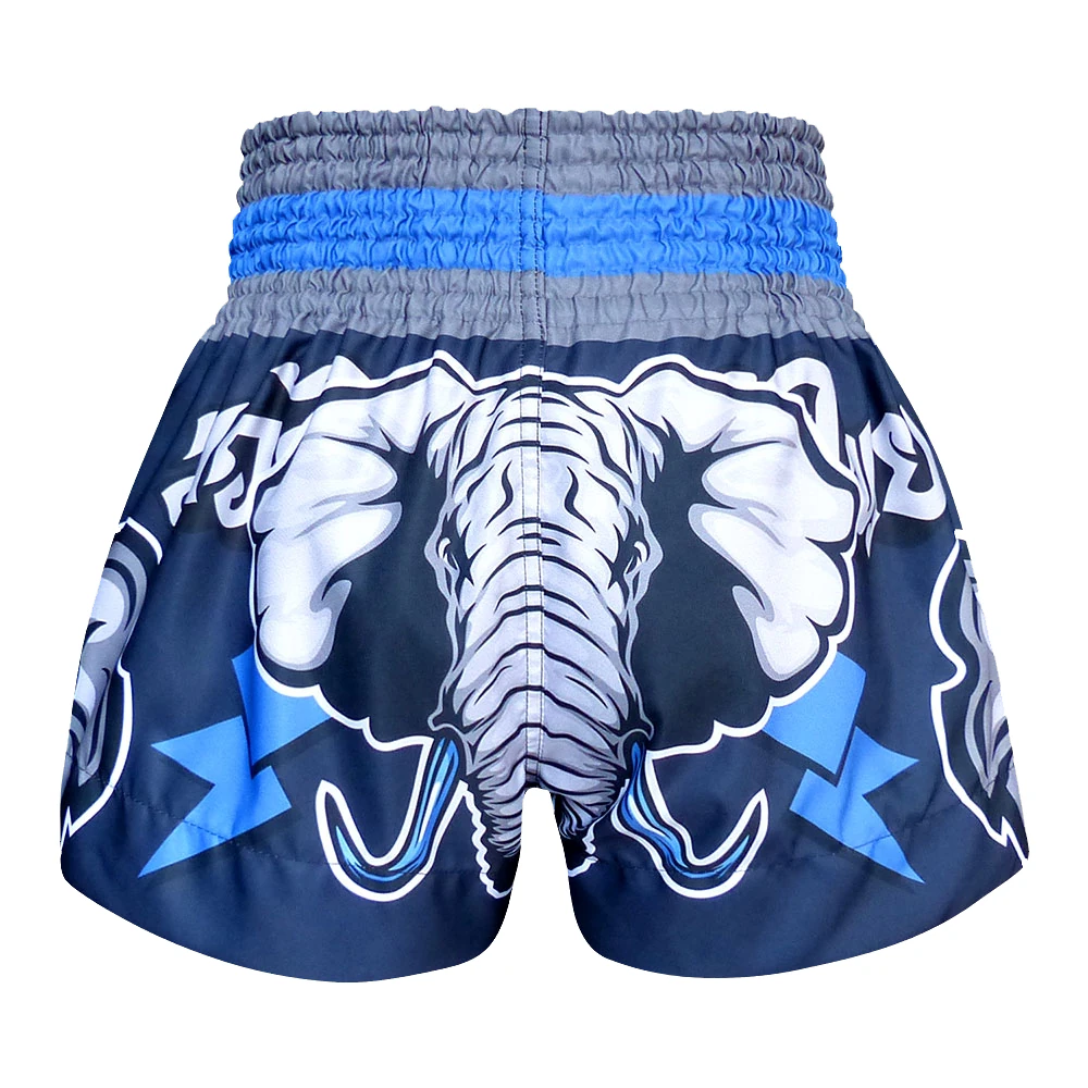 Blue Muay Thai shorts with elephant design and blue waistband on a white background