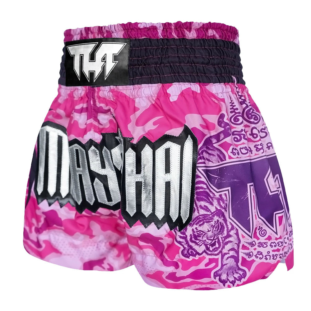Pink and purple camouflage thai boxing shorts with brand logo on a white background