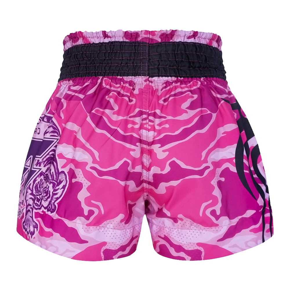 Pink camouflage thai shorts with a black waistband on a white background