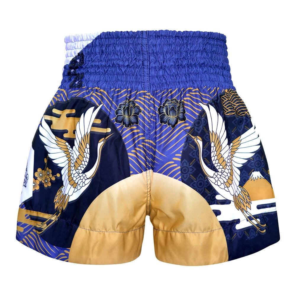 Traditional-style Muay Thai shorts with crane design on a white background