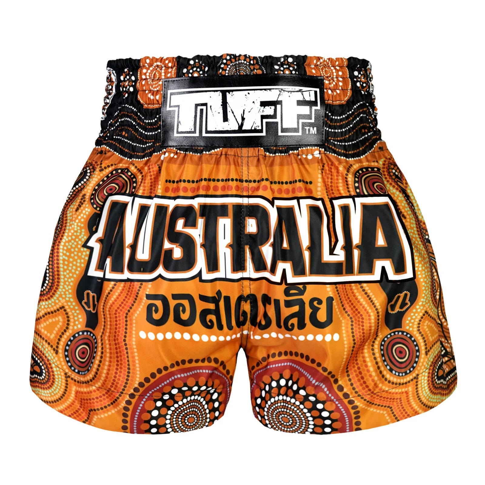 Orange and black Muay Thai shorts with 'AUSTRALIA' text and TUFF logo on a white background
