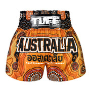 Orange and black Muay Thai shorts with 'AUSTRALIA' text and TUFF logo on a white background