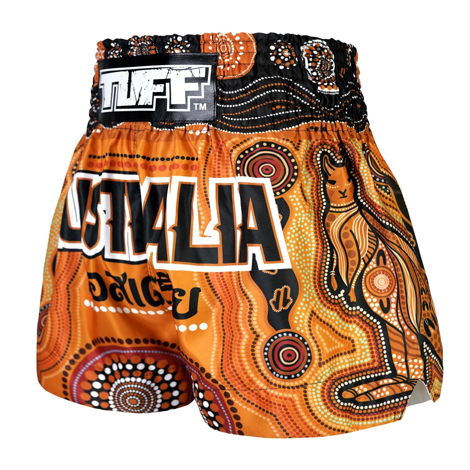 Orange and black patterned Muay Thai shorts with 'Australia' text on a white background