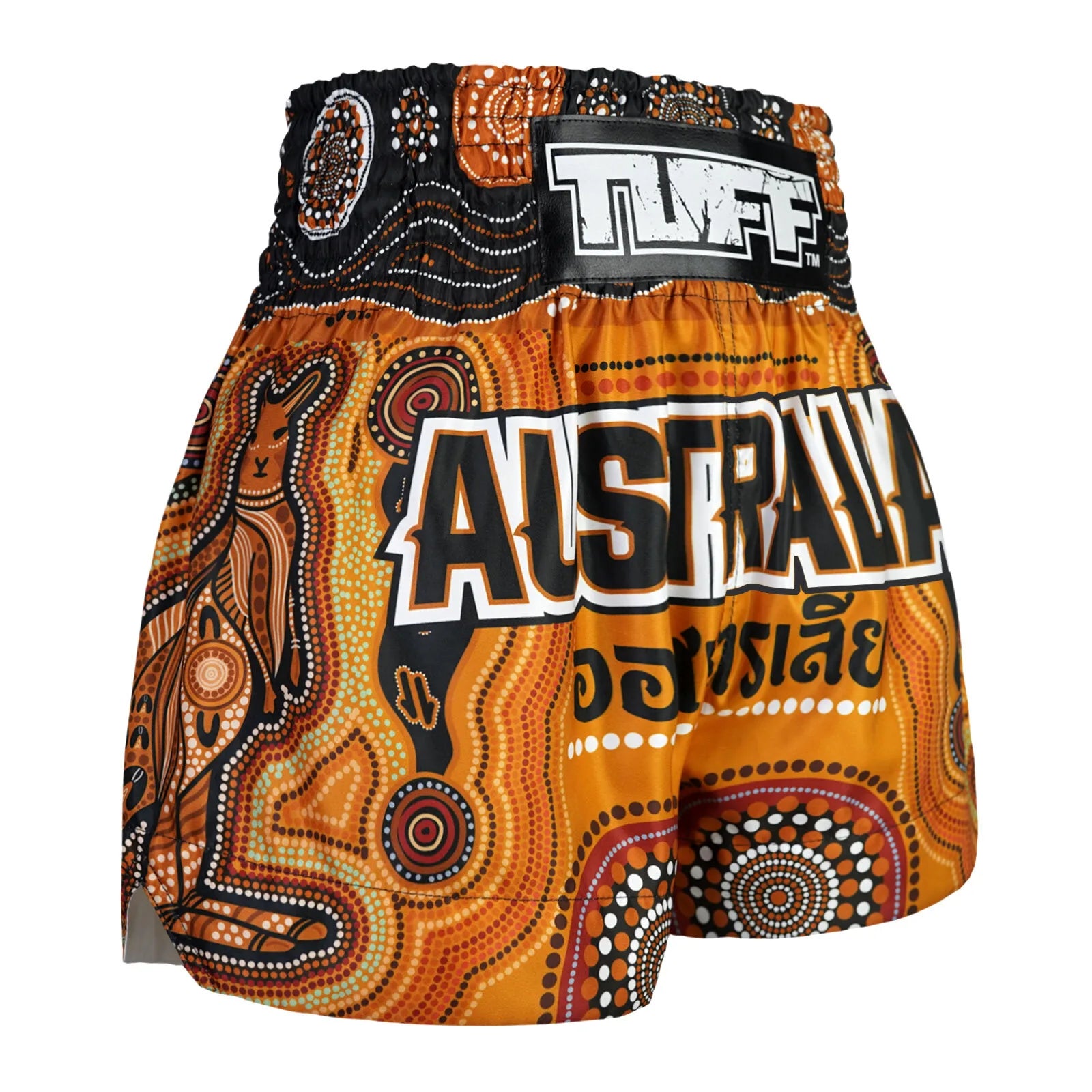 Traditional Australian design Muay Thai shorts with 'AUSTRALIA' text on a white background