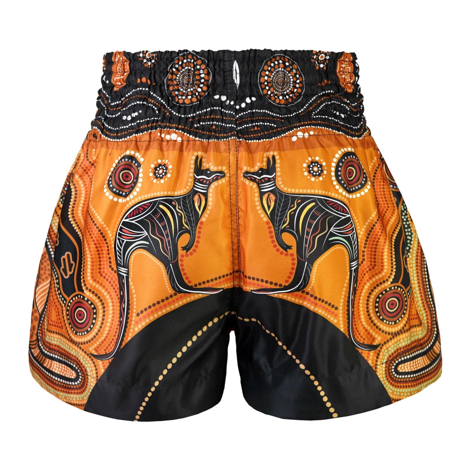 Traditional-style Muay Thai shorts with kangaroo design on a white background