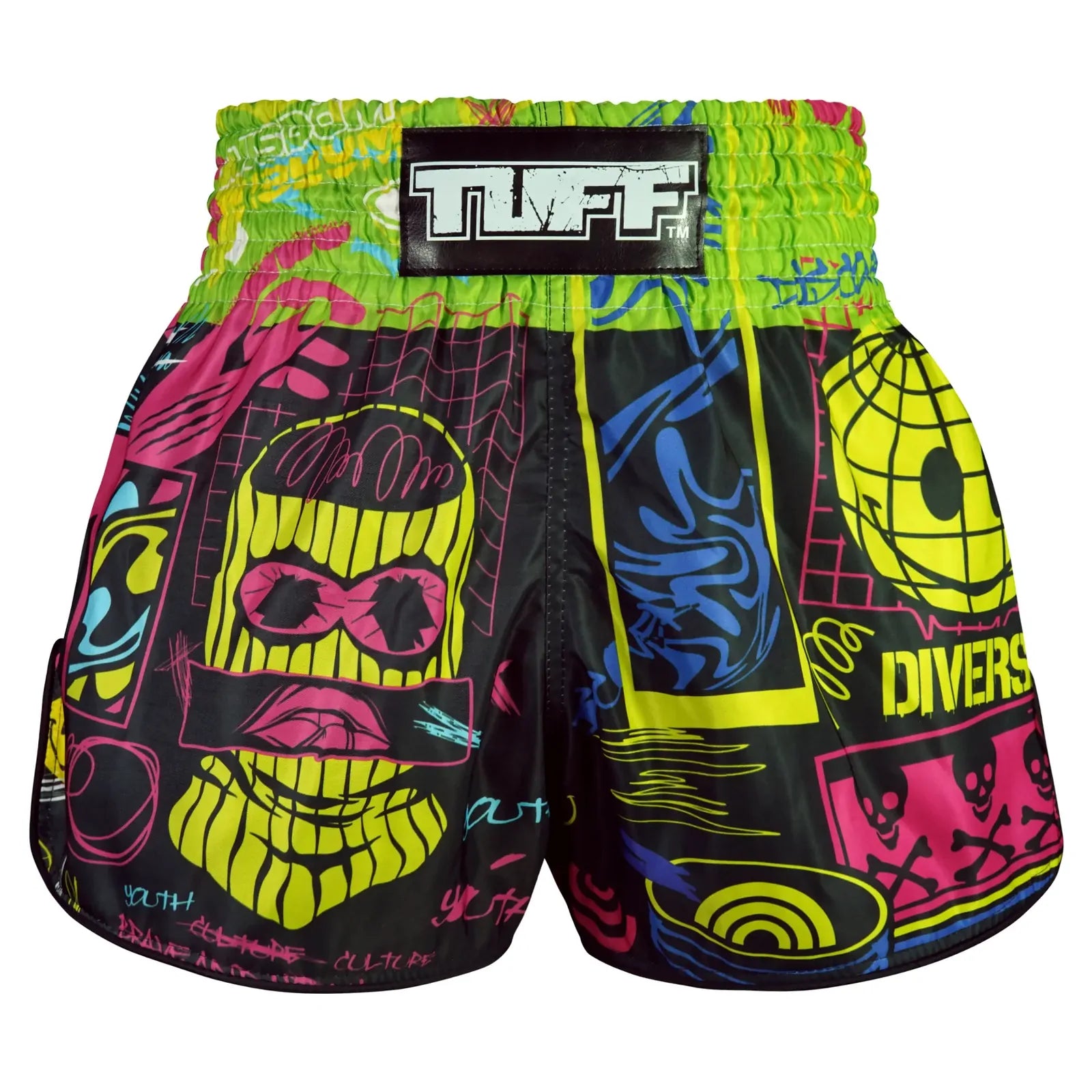 Colorful Muay Thai shorts with graphic designs and 'TUFF' branding on a white background