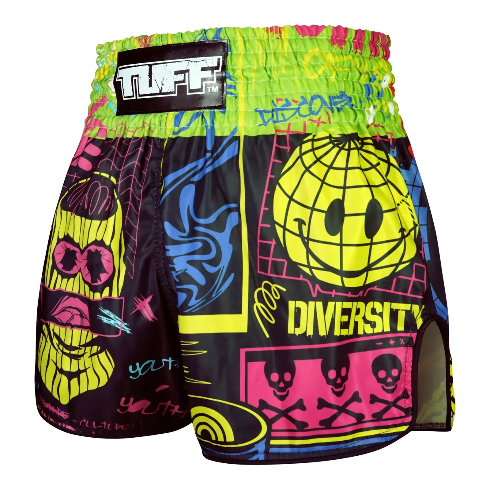 Colorful boxing shorts with graphic designs and 'TUFF' branding on a white background