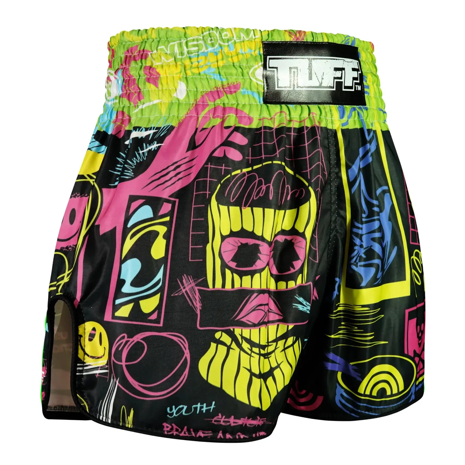 Colorful graffiti-style Thai boxing shorts with a brand logo on a white background