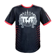 Black Tuff Sport t-shirt with red accents and white graphics on a white background