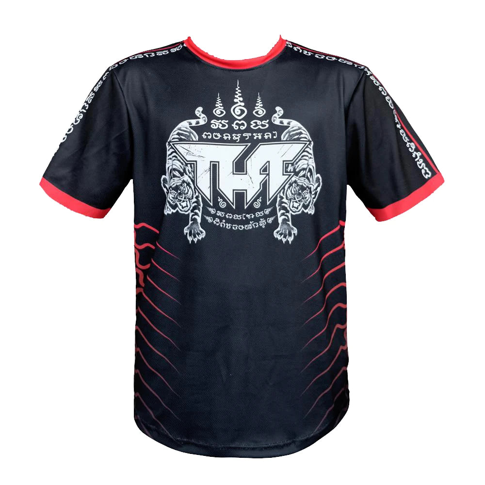 Black Tuff Sport t-shirt with red accents and white graphics on a white background