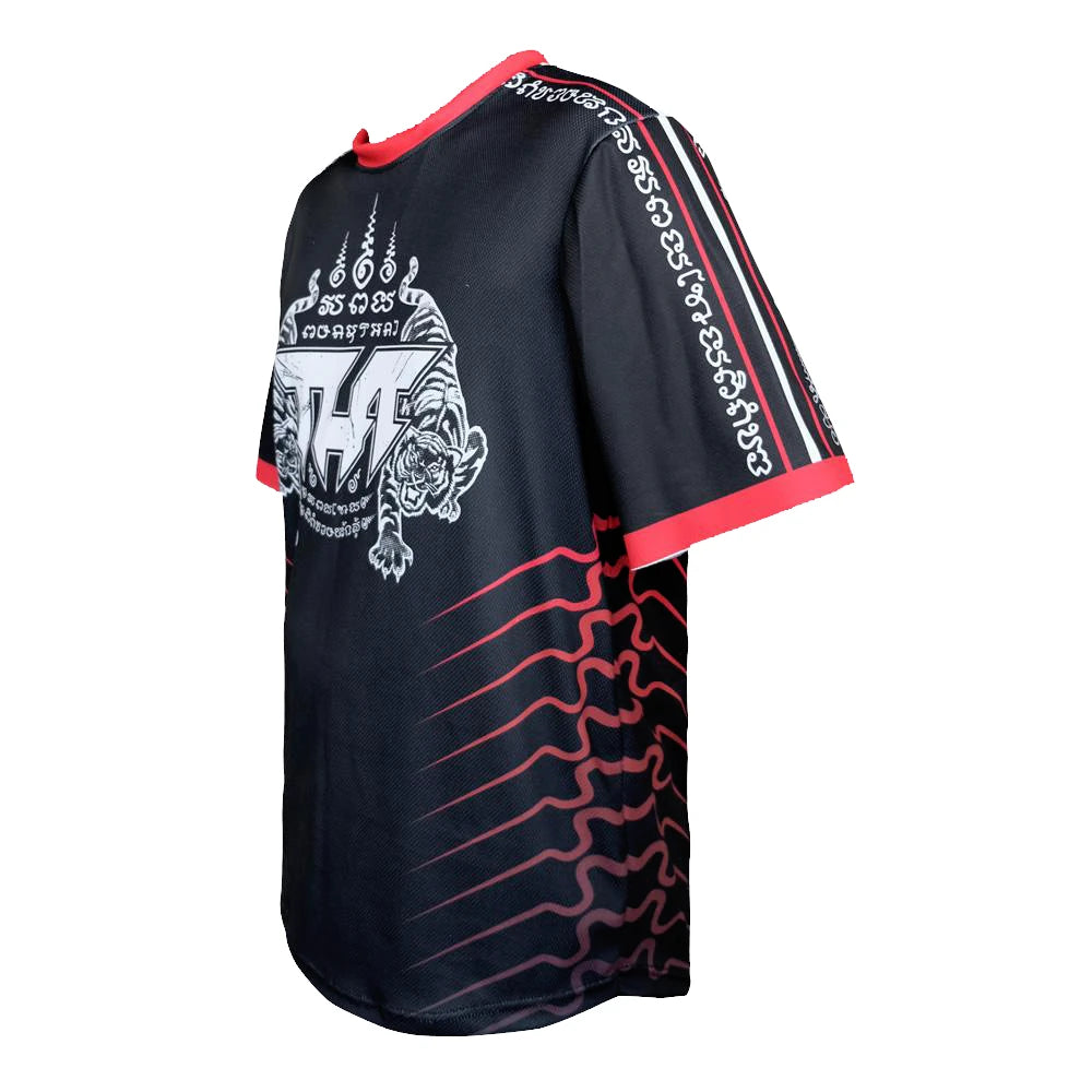 Black Tuff Sports jersey with red accents and a logo on a white background