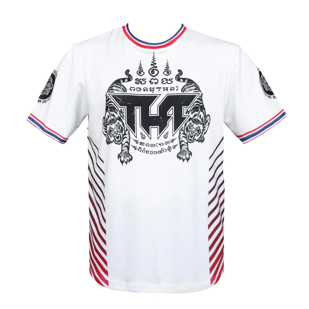 White Tuff Sports t-shirt with black graphics and red and blue accents on a white background
