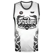 White athletic Tuff Sport tank top with black designs and text on a white background