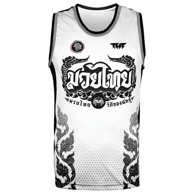 White athletic Tuff Sport tank top with black designs and text on a white background