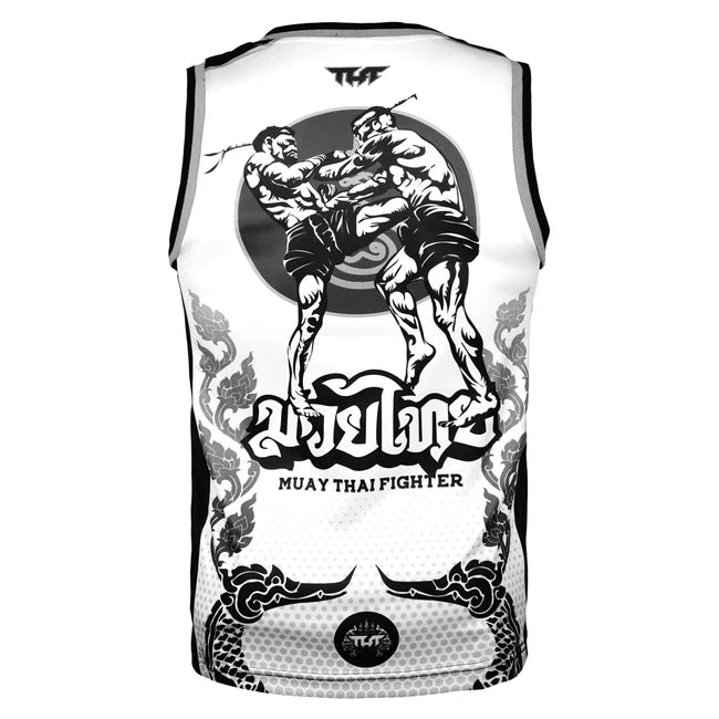 White sleeveless shirt with black and gray graphic design of two fighters and 'TUFF' branding on a white background.