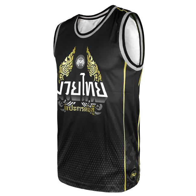 Black TUFF tank top with white and yellow designs on a white background