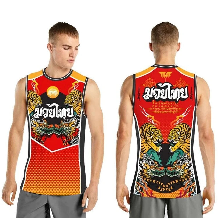 Person wearing a sleeveless TUFF shirt with intricate designs on the front and back, displayed from different angles.