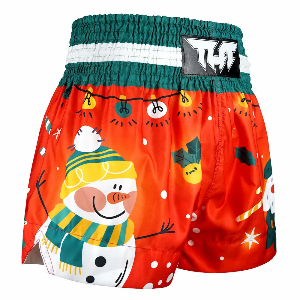 Red Muay Thai shorts with a snowman design on a white background
