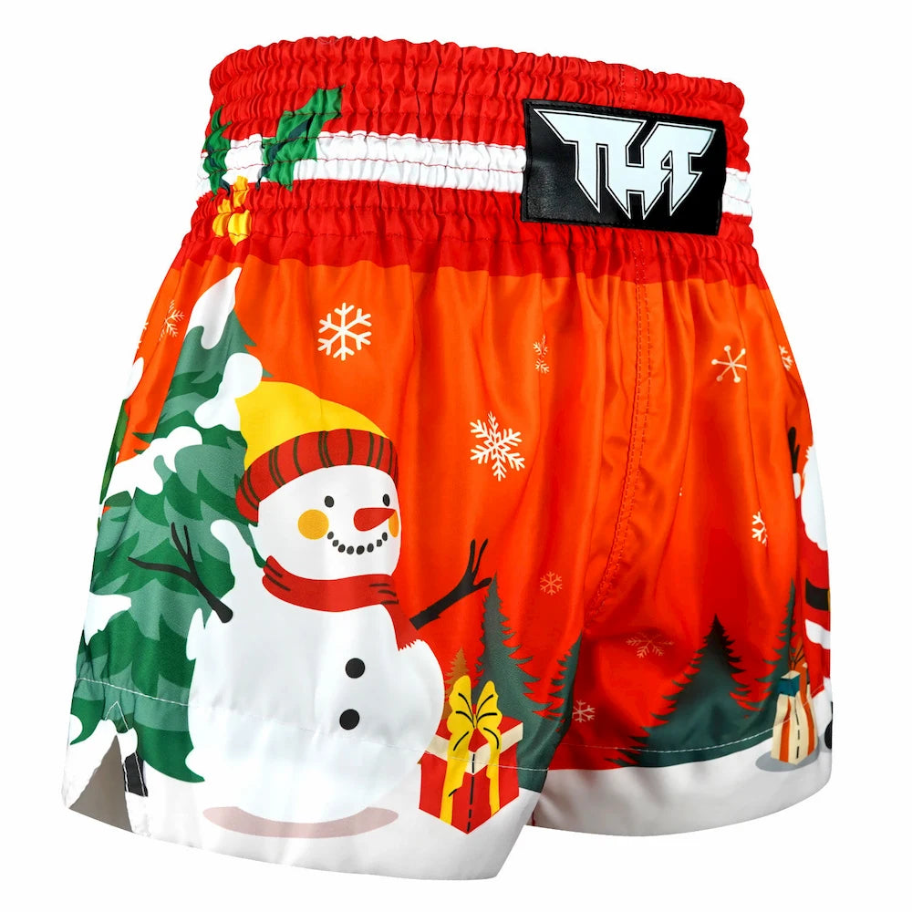 Christmas-themed Muay Thai boxing shorts with a snowman design on a white background