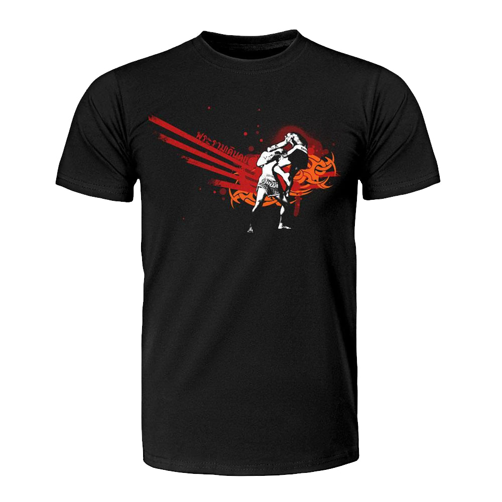 Black t-shirt with a graphic design of a boxer and flames on a white background