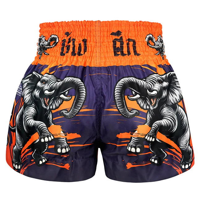 Muay Thai shorts with elephant design on an orange and purple background