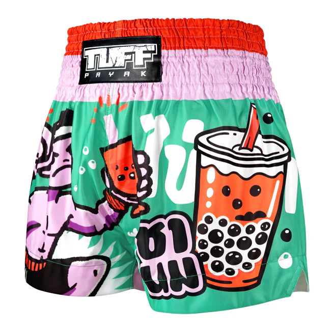 Colorful Thai shorts with cartoon designs and 'TUFF' branding on a white background