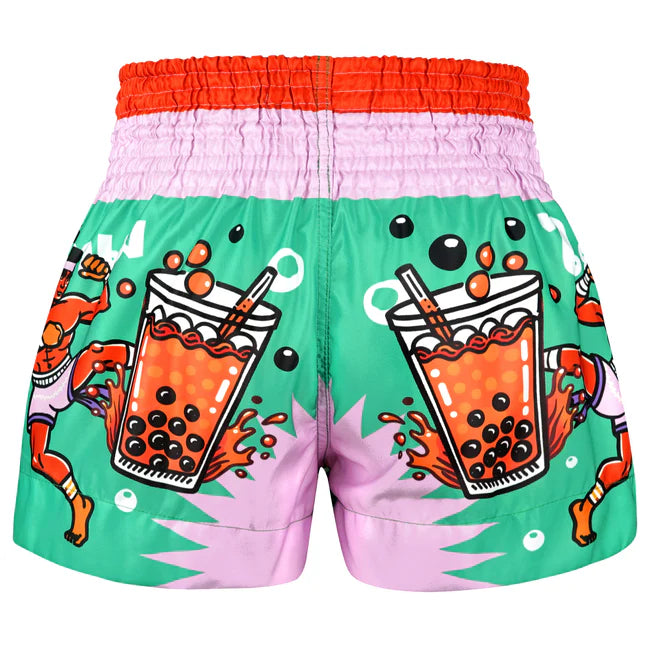 Colorful Thai shorts with bubble tea design on a white background