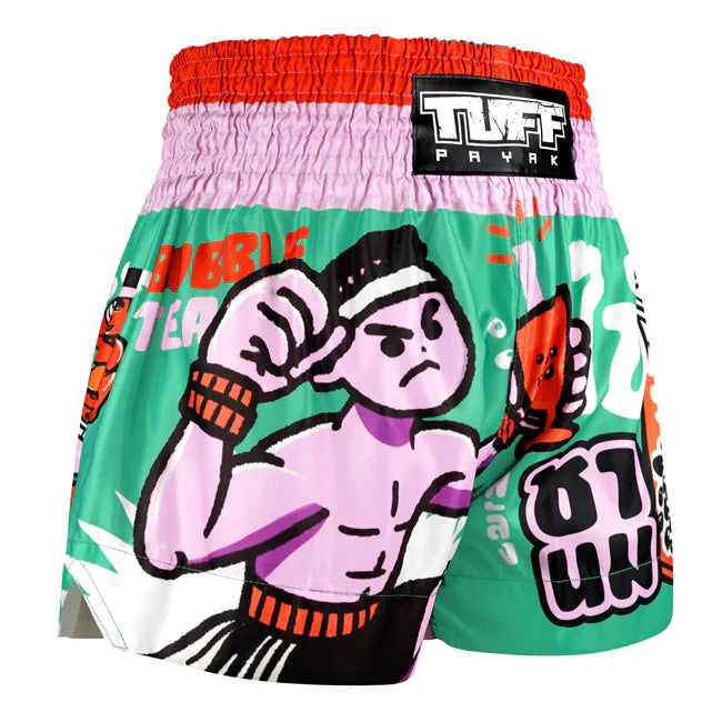 Colourful Thai boxing shorts with cartoon character design and TUFF label on a white background