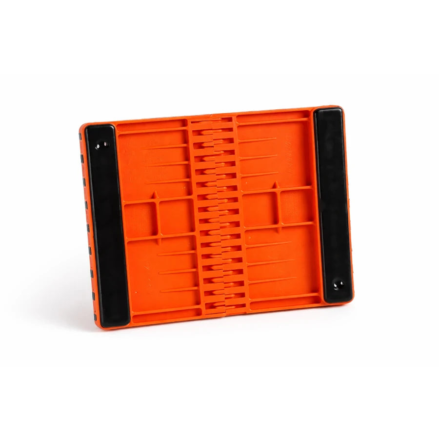 Orange plastic breaking board with padding on a white background