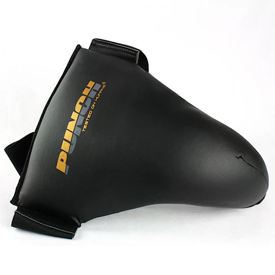 Black groin guard on a white background
