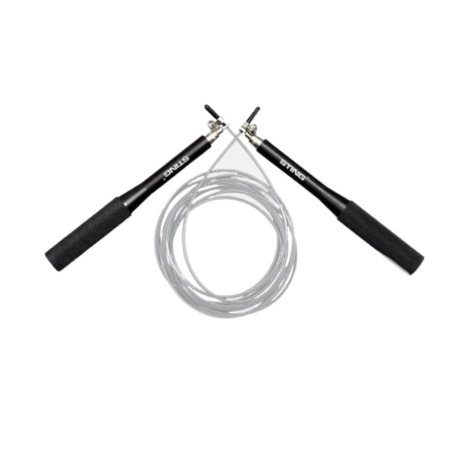Black Sting Sports jump rope handles with white rope on a white background