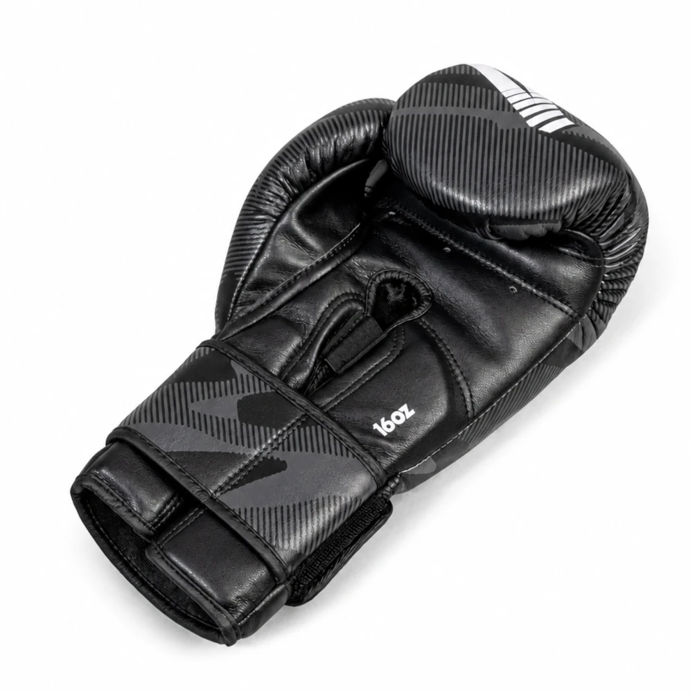 A single black boxing glove with a textured carbon-fiber pattern on the wrist strap and a white logo, shown on a clean white background.