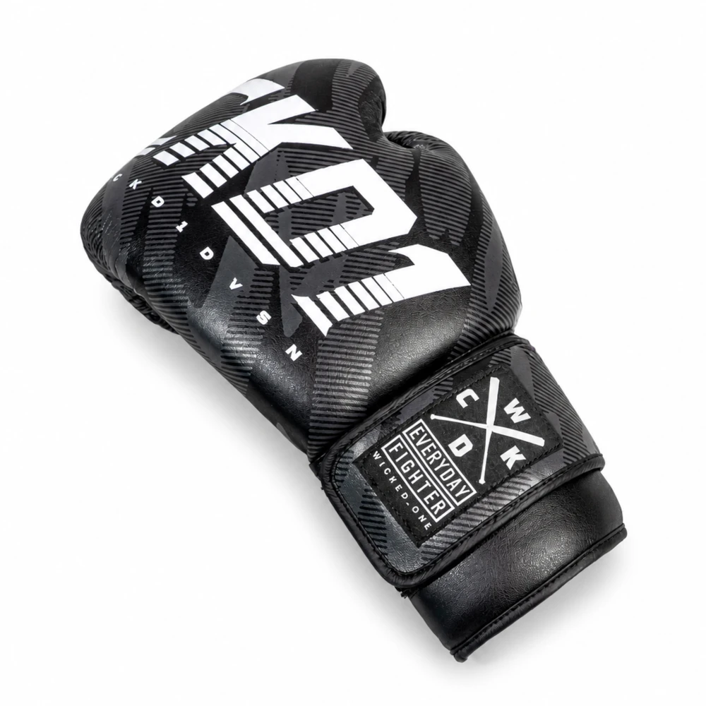 A single black boxing glove with a white and gray graphic design, featuring the brand name 'Wicked One'.