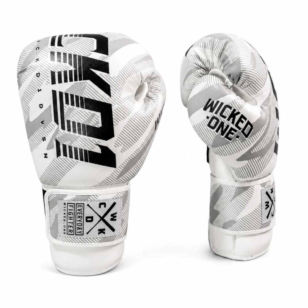 A pair of white and gray patterned Wicked One boxing gloves with black text, shown from the front and side on a white background.