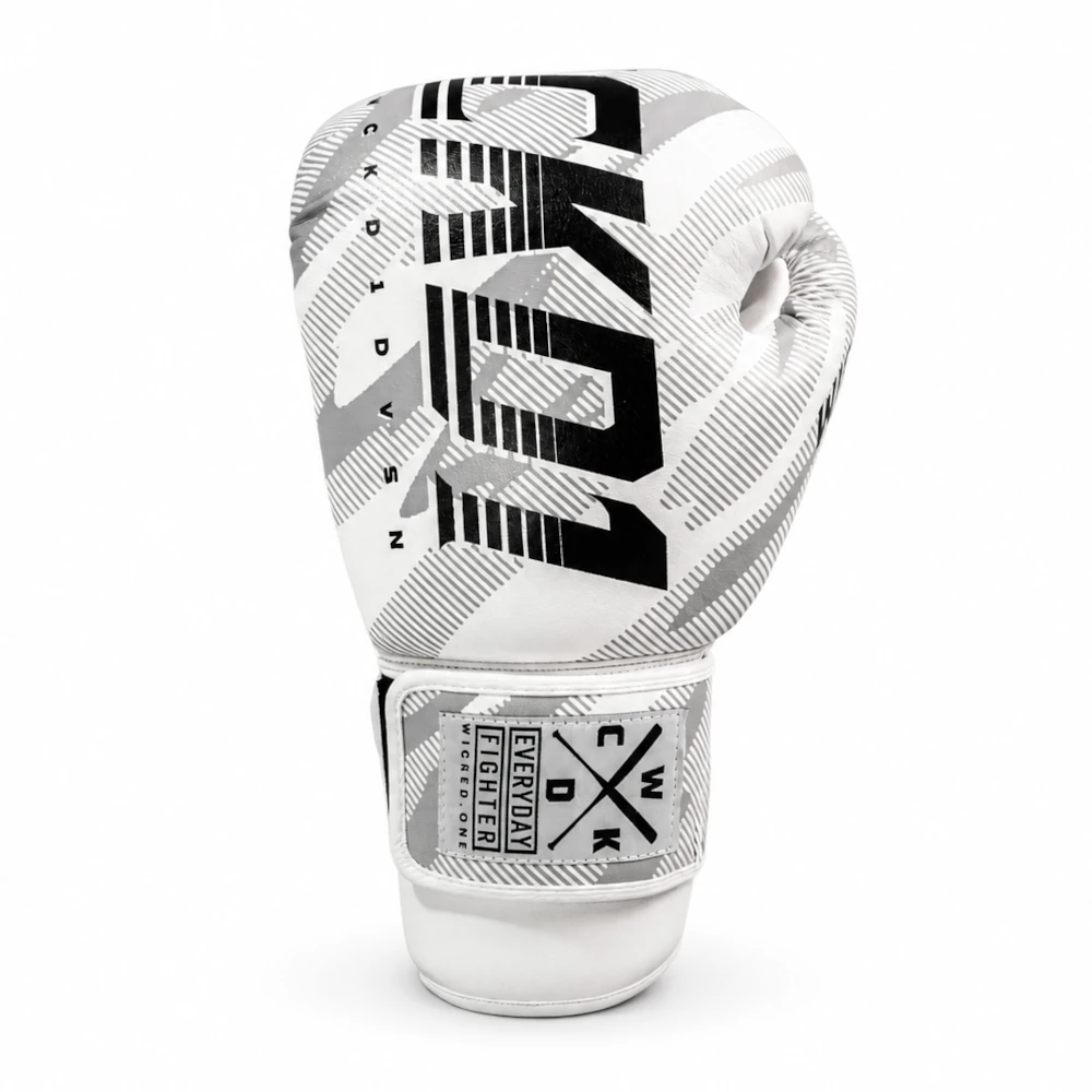 A single boxing glove in white, gray, and black with a geometric pattern, featuring the brand name 'CKO' in large black letters and a white wrist strap with black text.
