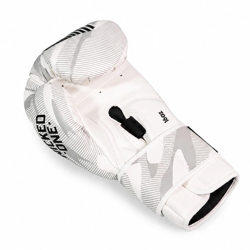 A single white and gray patterned boxing glove with black accents, including the brand name 'WICKED ONE', shown on a plain white background.