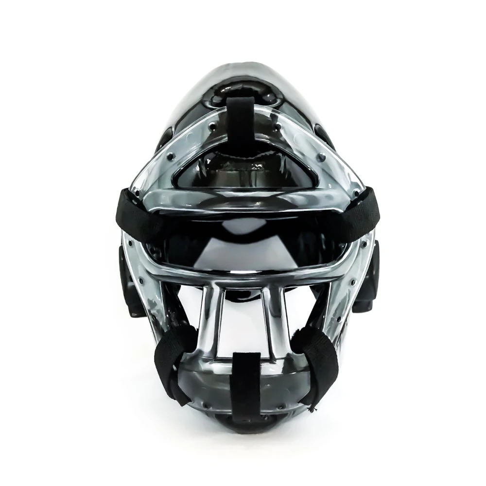 Black with a clear face shield and black straps on a white background