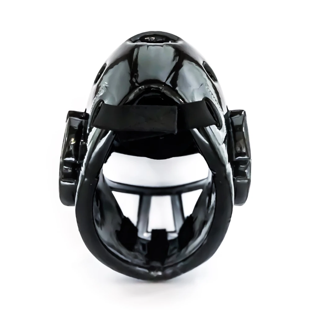 Bottom view of a black martial arts protective helmet on a white background