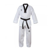 White martial arts uniform with black belt on a white background