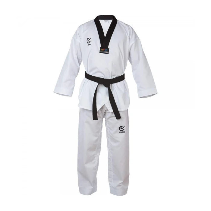 White martial arts uniform with black belt on a white background