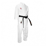 White martial arts uniform with a black belt on a white background