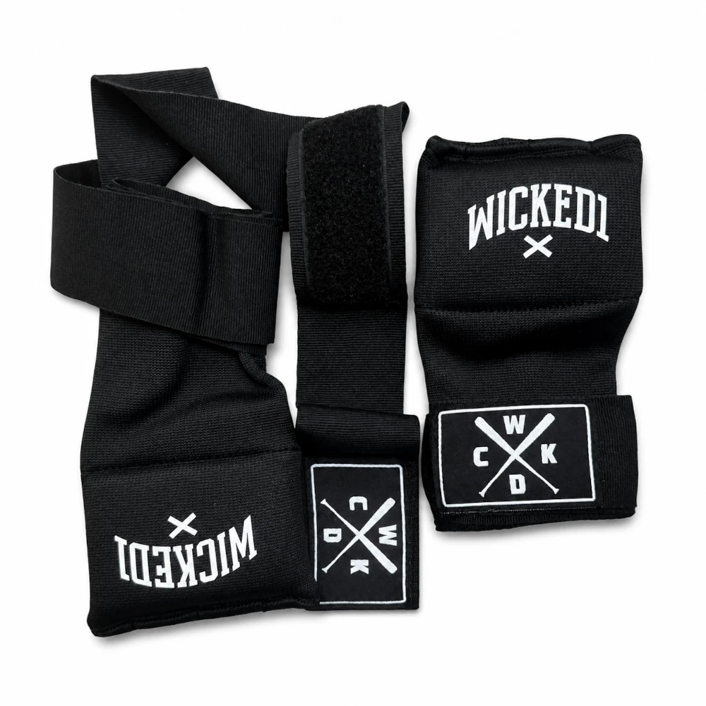 Black quick wraps with white embroidered WCIKED1 branding and logo patches, displayed on a clean white background.