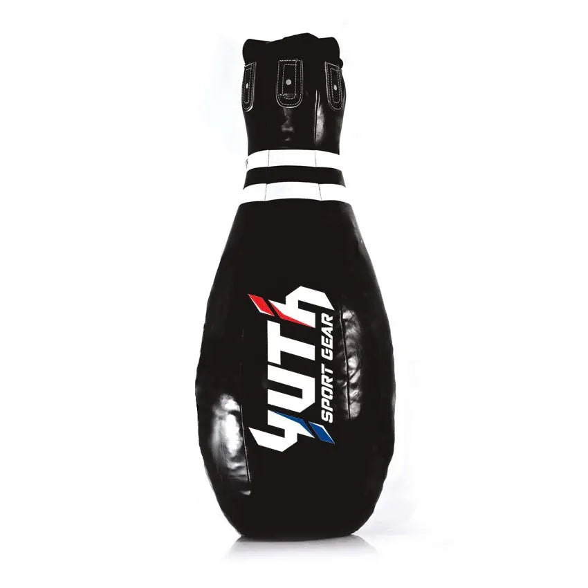Black bowling pin punching bag with Yuth Sport Gear logo on a white background