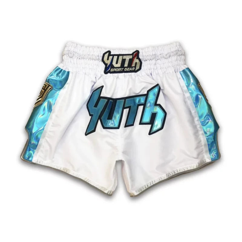 White athletic shorts with blue accents and 'Yuth' branding on a white background
