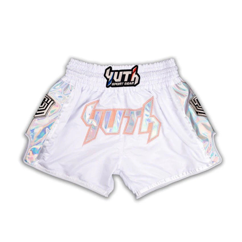 White Muay Thai shorts with colorful patterns and 'YUTH' branding on a white background