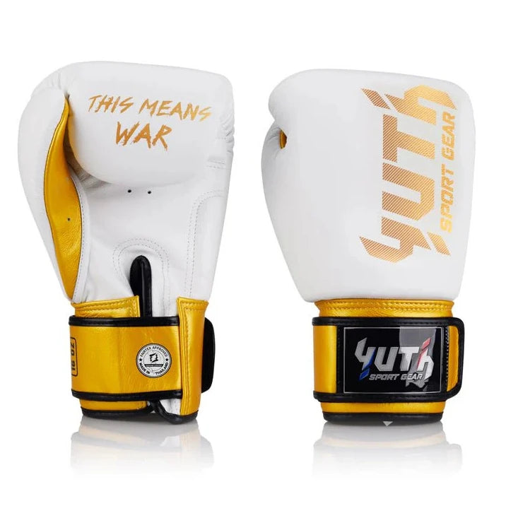 White and yellow boxing gloves with 'Yuth Sport Gear' branding on a white background